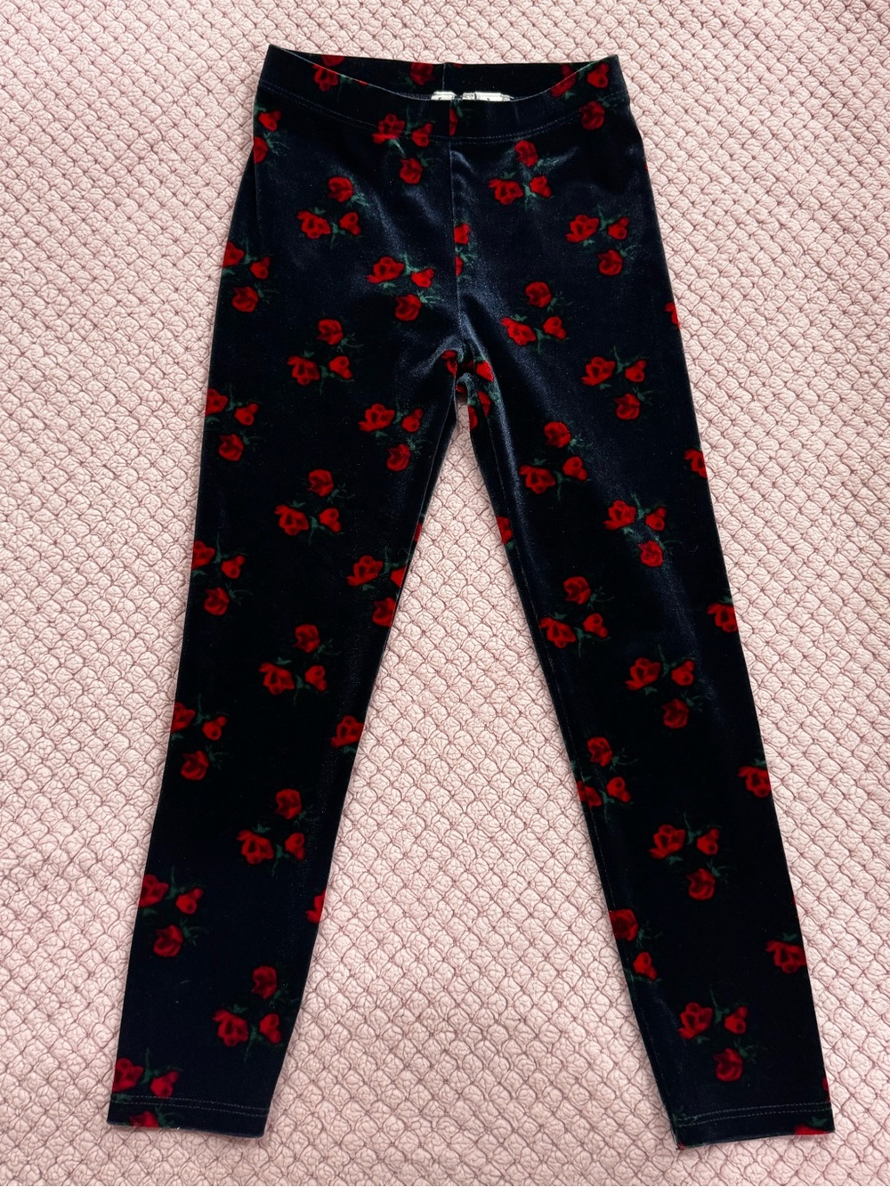 5, Janie and Jack Navy Velvet Leggings with Red Rose Print